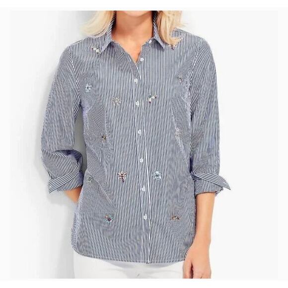Talbots striped button down blouse rhinestone flowers and insect hand beaded. M - Picture 2 of 11